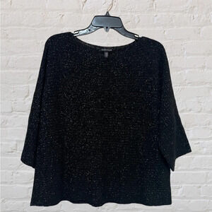 Eileen Fisher Bateau Neck Top Blouse Merino Wool Blend Metallic Women’s M Black